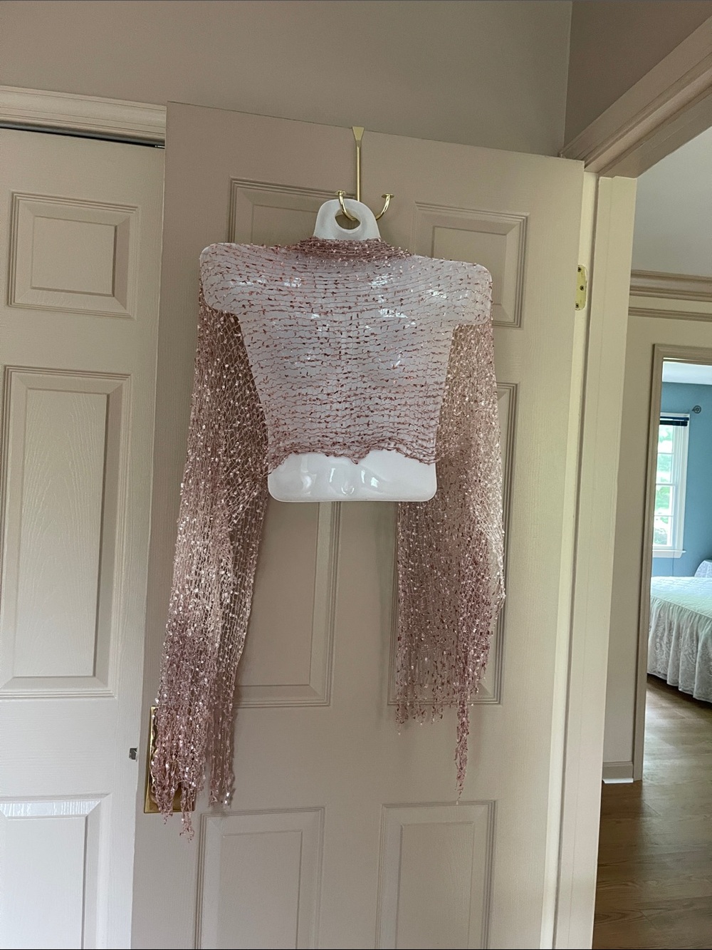 Sheer Blush Pink Beaded Fringe Shawl - Picture 2 of 2